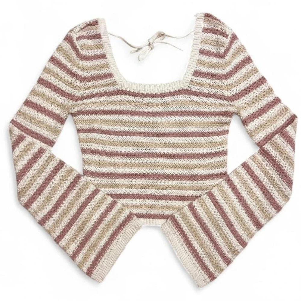 Hollister Crochet Sweater Striped Long‎ Sleeve Top Sz M Cropped Open Back Preppy